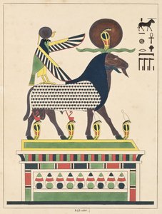 Amon-Ra isten, illusztráció az egyiptomi Pantheonból: Jean-Francois Champollion mitológiai szereplőinek gyűjteménye az ókori Egyiptomból, megjelent 1986 körül alkotó: French School