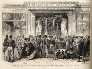 1866-ban nyílt meg a Fontainebleau-ban (Párizs) a lóhentesüzlet - hentesáru - Boucherie Meat de Cheval Boulevard Olaszország a Fontainebleau-i barrier közelében 1866) Metszet a „Le monde illustrious”-ban, 1866 alkotó: French School