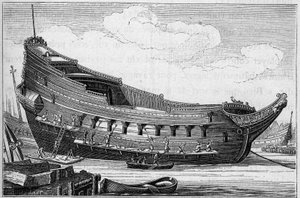 Egy nagy hajó törzse a XVII. Metszet: „La Marine et les colonies: kereskedelem” alkotó: French School