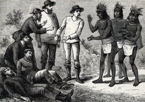 Peru lakói a maláriában szenvedő gyarmati európaiakat segítik Cinchonával (metszet) 1888 alkotó: French School