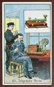 A Morse-kóddal ellátott távirat feltalálása, a 65. számú nagy találmányokat ábrázoló kártyasorozat, 1910 körül alkotó: French School