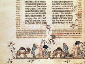 Eliezer és Rebecca találkozása a kútnál, Jean de Sy Bibliájából, 1355 körül