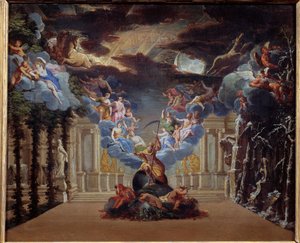 Az idő palotája, az 1676-ban létrehozott Jean Baptiste Lully (Giovanni Battista Lulli) (1632-1687) „Atys” prológusának dekorációja olyan mihológiai alakokat ábrázol, mint Merkúr, Hermész. A 17. századi francia iskola névtelen festménye. Párizs alkotó: French School