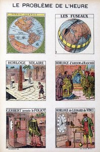 A kor problémája: Orbis Terrea, az orsó, napóra, Aroum Al Racshid órája, Gerbert feltalálja a Foliot, Leonardo da Vinci órája (Leonardo da Vinci) - metszet, deb. 20. század alkotó: French School