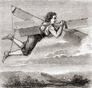 Jacob Besnier francia lakatos állítólagos repülése egy saját tervezésű repülő szerkezet segítségével 1678-ban, a "Les Merveilles de la Science" című, 1870 körül kiadott könyvből (litográfia). alkotó: French School