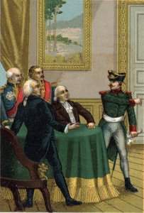 Az 1815-ös helyreállítás: Joseph Fouche, I. Napóleon rendőrminisztere bevezettetett egy porosz tisztet abba a helyiségbe, ahol 1815. július 7-én a XVIII. Lajos király vezette Ideiglenes Kormány Bizottsága állt. alkotó: French School