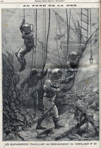 A bretagne-i Finistere-ben, a Douarnenez-öbölben elsüllyedt 83-as torpedó megmentésén dolgozó katonák a „Le Petit Parisien”-ben. alkotó: French School