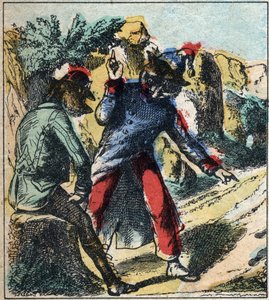 A beteg oroszlán és a róka. Jean de La Fontaine (1621-95) meséi. Epinális képalkotás a 19. század végéről. alkotó: French School