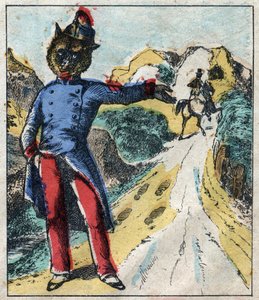 A beteg oroszlán és a róka. Jean de La Fontaine (1621-95) meséi. Epinális képalkotás a 19. század végéről. alkotó: French School