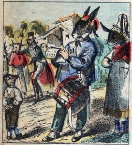 A beteg oroszlán és a róka. Jean de La Fontaine (1621-95) meséi. Epinális képalkotás a 19. század végéről. alkotó: French School