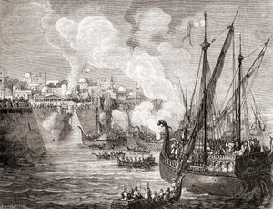 Konstantinápoly 1453-as ostroma II. Mehmed oszmán szultán által, a Les Merveilles de la Science című, 1870 körül megjelent kötetből (metszet). alkotó: French School