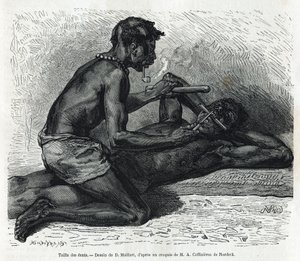 A fogak mérete az Okandában, D. Maillard rajza, Alfred Marche 1875-1877-es gaboni utazásának és az Ogoue folyónak a történetének illusztrálására. Gravírozás a Le tour du monde-ban alkotó: French School