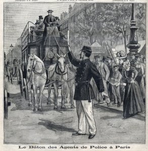 A párizsi rendőrök botja, hogy szabályozzák a forgalmat a főváros utcáin, a "Le Petit Parisien"-ben alkotó: French School