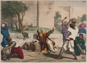 Szent István megkövezése, illusztráció az LHistoire Sainte katekizmusból, kiadó: Charles Delagrave, Párizs, 19. század vége alkotó: French School