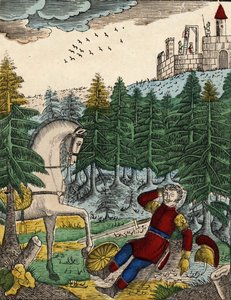 A négy fia, Aymon története; Bayard, aki meghallja a katonák zaját, akiket Ripas vitt magával, hogy felakassza Richardot, felébreszti Regnaultot a pajzsának ütésével, egy 19. századi gerinc képével. alkotó: French School