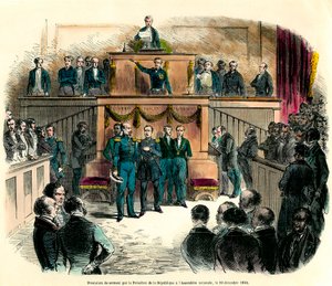 A köztársaság elnökének hivatalosan kikiáltott III. Lajos Napóleon (Louis-Napoleon) esküt tett az 1848. december 20-i nemzetgyűlésen. Megfogadja, hogy „hű marad az egy és oszthatatlan Demokratikus Köztársasághoz, és teljesíti mindazt, alkotó: French School