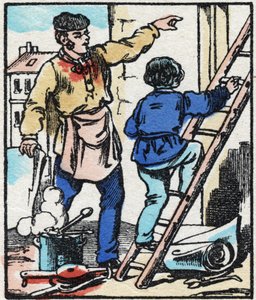 A bizsergő. Metszet a „La chanson des metier”-ben. Epinális képalkotás, 19. század vége. Magángyűjtemény alkotó: French School