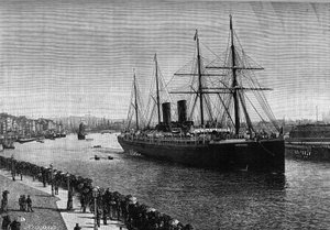 A „La Gascogne” transzatlanti vonalhajó Le Havre kikötőjében 1887-ben. Metszet a „” La jeunesse” című híres folyóiratban” alkotó: French School