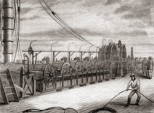 A transzatlanti távírókábel-tekercselő egység az S.S. Great Eastern fedélzetén alkotó: French School