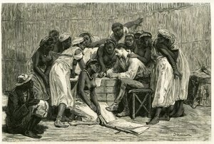 A királynők, Sepopo király tizenhat feleségének látogatása Dr. Holub páholyában. D.Maillard metszete az „Au pays des Marutses” történetének illusztrálására, 1875-1879, Dr. Emile Holub (1847-1902). Megjelent a Tour du monde-ban, 1883. 2. félév, szerkesztve alkotó: French School