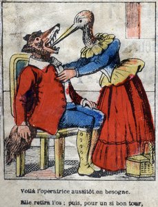 A farkas és a gólya. Jean de La Fontaine (1621-95) meséi. Epinális képalkotás a 19. század végéről. alkotó: French School
