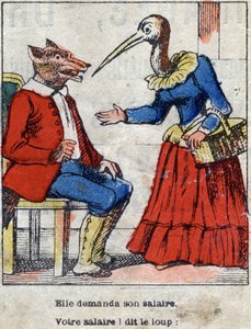A farkas és a gólya. Jean de La Fontaine (1621-95) meséi. Epinális képalkotás a 19. század végéről. alkotó: French School