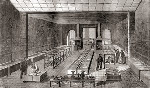 A vegyi fürdőket tartalmazó műhely Charles Christofle galvanizáló üzemében, Párizsban, Franciaországban 1867-ben, a Les Merveilles de la Science-ből, 1870 körül megjelent (metszet) alkotó: French School