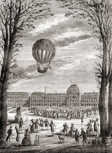 A világ első emberes hidrogénballonos repülése a párizsi Champs de Mars felett 1783. december 1-jén, Nicolas-Louis Robert és Jacques Charles professzor vezetésével, a Les Merveilles de la Science című, 1870 körül megjelent kötetből (metszet). alkotó: French School