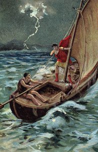 A fiatal Jules Cesar (Kr. e. 100-44) az Adriai-tengeren átkelve Dalmáciához csatlakozva bátran halad előre a vihar ellenére, bízva jó csillagában és sorsában (Az ifjú Julius Caesar (Kr. e. 100-44) bátran átkel az Adriai-tengeren hajóján, a viharok ellenére alkotó: French School