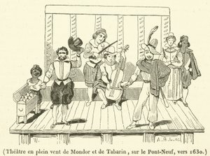 Színház Mondor és Tabarin szabadterében, a Pont-Neuf-on, 1630 körül (metszet) alkotó: French School