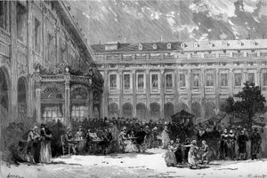 Színházi ábrázolás: Francois Ponsard (1814-1867) „Charlotte Corday”. A 3. felvonás jelenete: Charlotte Corday a királyi palota kertjében. Párizs, Theater de l
