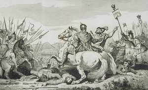 Theodorik megölték az Attila elleni csatában, Chalons közelében, Colart „Histoire de France” című művéből, amely 1840 körül jelent meg. alkotó: French School