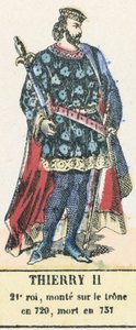 Thierry II, 21. király, 720-ban lépett trónra, 737-ben halt meg (színes metszet) alkotó: French School
