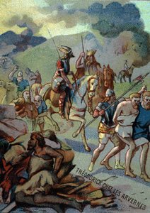 Théoderick, Clovis legidősebb fia, Arvernesben (Auvergne) (532-533). A „Hazafias nevelés képen keresztül” sorozat kromolitográfiája. alkotó: French School