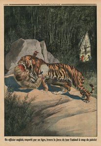 Tigris megtámad egy brit tisztet, a hátsó borító illusztrációja a „Le Petit Journal”-ból, mellékelt illusztráció, 1913. augusztus 3.