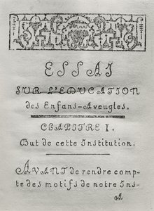 Címlap Valentin Hauy (1745-1822) 1786-ban megjelent Essai sur leducation des aveugles című könyvének első fejezetéhez alkotó: French School