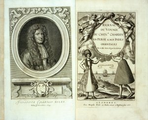 Jean Chevalier Chardin Journal du Voyage de Chevalier Chardin en Perse et aux Indes Orientales címlapja és előlapi portréja, 1686 alkotó: French School
