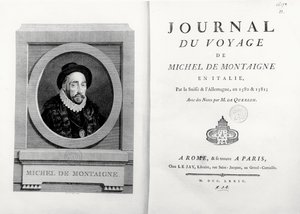 Címlap és előlap a szerző portréjával, A. de Saint Aubin, „Journal de Voyage en Italie 1580 et 1581 de Michel de Montaigne” alkotó: French School