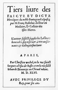 François Rabelais „Le Tiers livre des Faicts et Dicts Heroique du Bon Pantagruel” címoldala (metszet) alkotó: French School