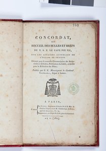 A Concordat et Recueil des Bulles et Briefs de N. S. P. le Pape Pius VII címlapja, Giovanni Battista Caprara, Párizs, Chez Le Clers, 1802 (nyomtatott papír) alkotó: French School