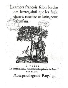 Az első francia-latin szótár címlapja, 1544 alkotó: French School