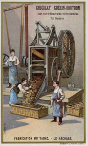 Dohánygyártás. Levél aprítása (chromolitho) alkotó: French School