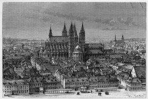 Tournai: külső kilátás a Notre-Dame-re (Notre Dame) és a város panorámája. Barclay metszet a „Belgium” történet illusztrálására, Camille Lemonnier (1844-1913) belga író. Megjelent a Le Tour du monde, nouveau Journal des voyages, 2. félévben alkotó: French School
