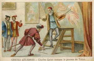 Kereskedelmi kártya, amelyen Charles Quint látható, amint felveszi Tizian ecsetejét (chromolitho) alkotó: French School