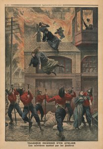 Tragikus tűz egy Newark-i műhelyben, New Jersey-ben, illusztráció a „Le Petit Journal”-ból, mellékillusztráció, 1910. december 11. (színes litó)