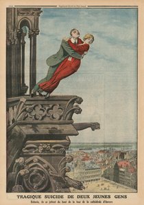 Két fiatal tragikus öngyilkossága az antwerpeni katedrális tornyából, a hátsó borító illusztrációja a „Le Petit Journal”-ból, mellékillusztráció, 1913. május 11.