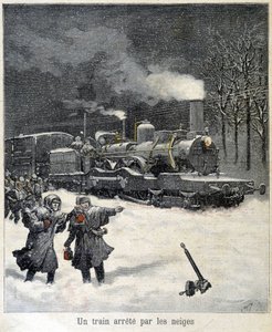 A vonat megállásra kényszerült a hó miatt. Az 1892. márciusi „” Le Petit Parisien”” újság illusztrációja. alkotó: French School