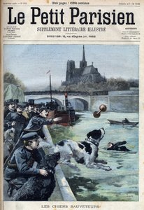 Mentőkutyák kiképzése a rendőrség által a párizsi Szajnában. "Le petit Parisien" metszet alkotó: French School
