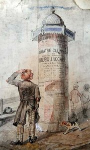 Csavargó egy posztert néz, amely Courteline „Boubouroche” című darabját hirdeti (akvarell papíron) alkotó: French School