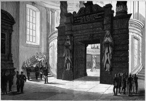 I. Napóleon (1769-1821) hamvainak átszállítása a Szent Jeromos-kápolnából az Invalidusok kupolája alatt épült sírba. Párizs, 1861. április 2. Metszet a „” Le Monde Illustré”” 209. számban, 1861. április 13.. alkotó: French School